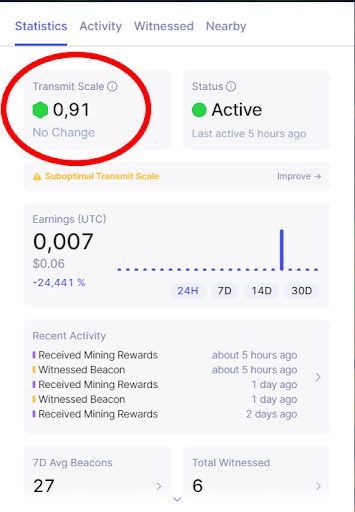 Hier geht es um die Transmit Scale in der Helium App. Ein Screenshot der App wurde gemacht. Die Transmit Scale beträgt in diesem Beispiel 0,91.