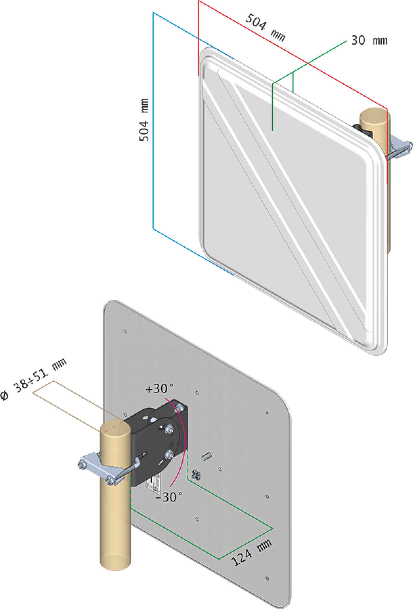 Abmessungen der 14dBi Interline Panel Helium Antenne 868 Direktional für das Helium Hotspot Crypto Mining